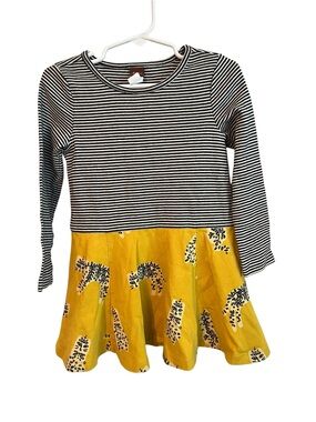 Tea Collection Girls Size 3 Long Sleeve Dress Black White Stripe Yellow Animal